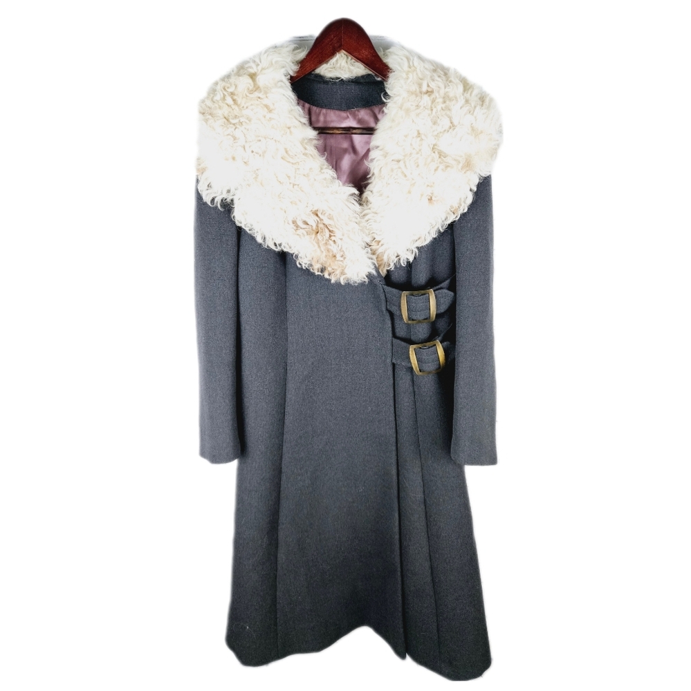 VINTAGE | union made fur collar long trench lined coat